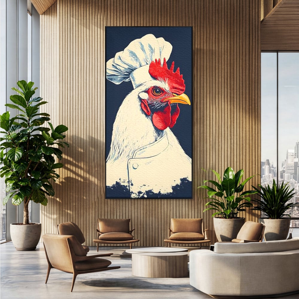 Tablou canvas cu tablou canvas cu gaina bucatar, in rama de aluminiu negru, pe perete intr-un birou